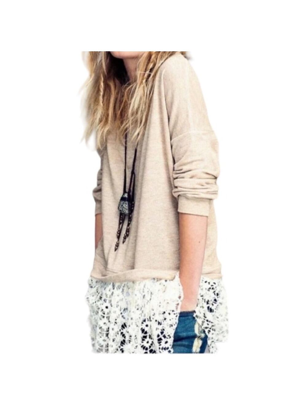 Free People Beach Shake It Oatmeal Lacey Pullover Tunic Top One Size